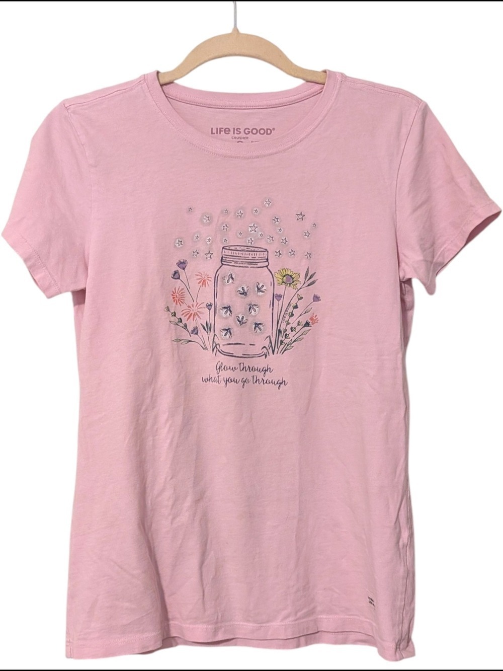 Life Is Good Light Pink Graphic T-Shirt Mason Jar Wildflower Firefly Art
